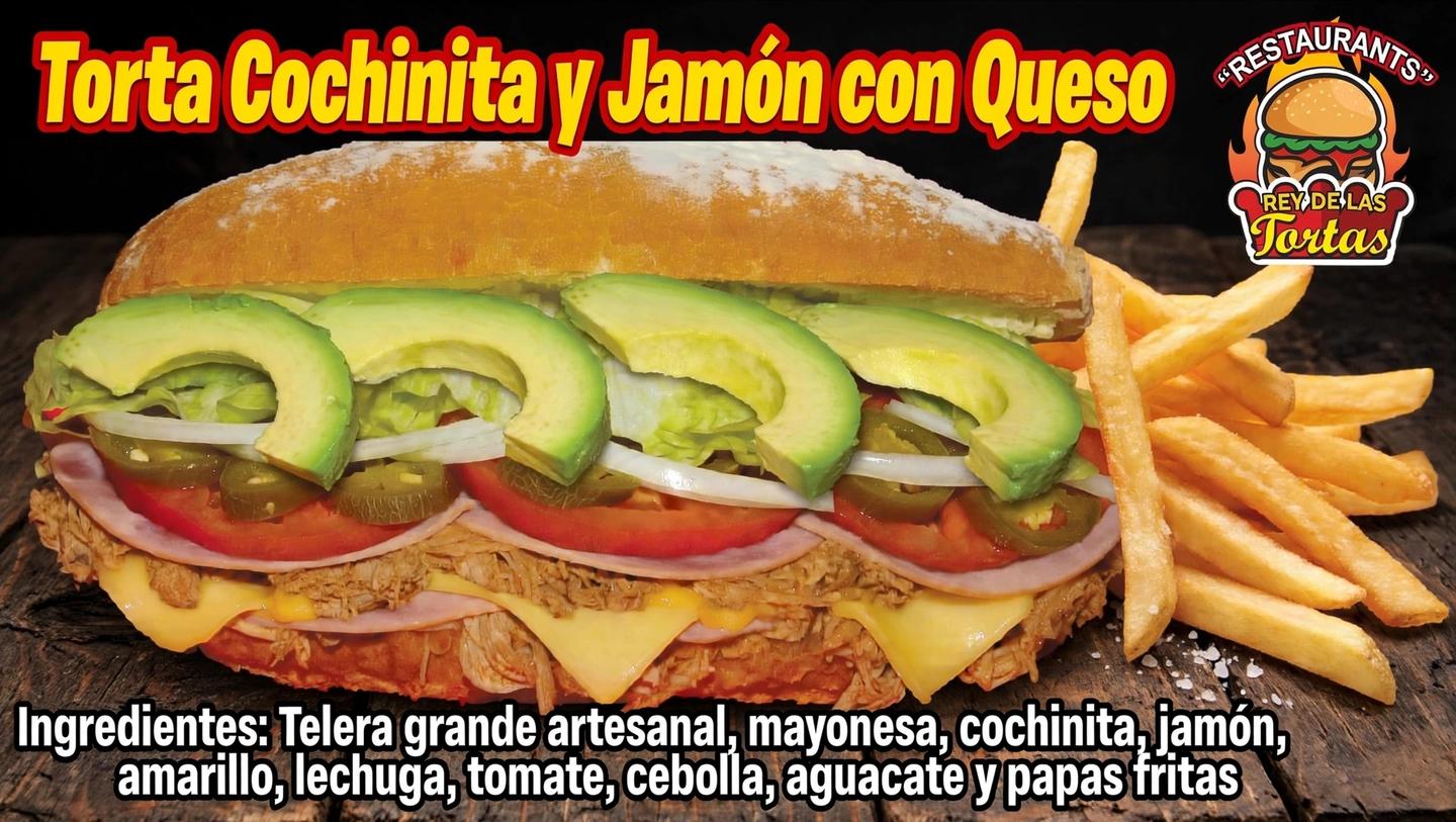 TORTA COCHINITA CON JAMÓN Y QUESO CON PAPAS FRITAS 