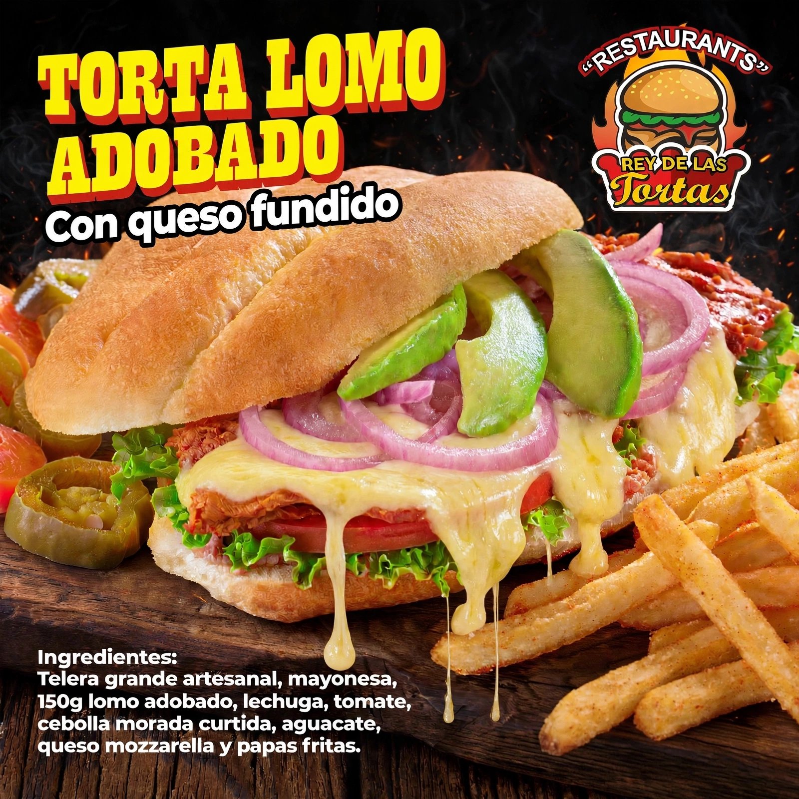TORTA DE LOMO ADOBADO CON QUESO FUNDIDO CON PAPAS FRITAS 