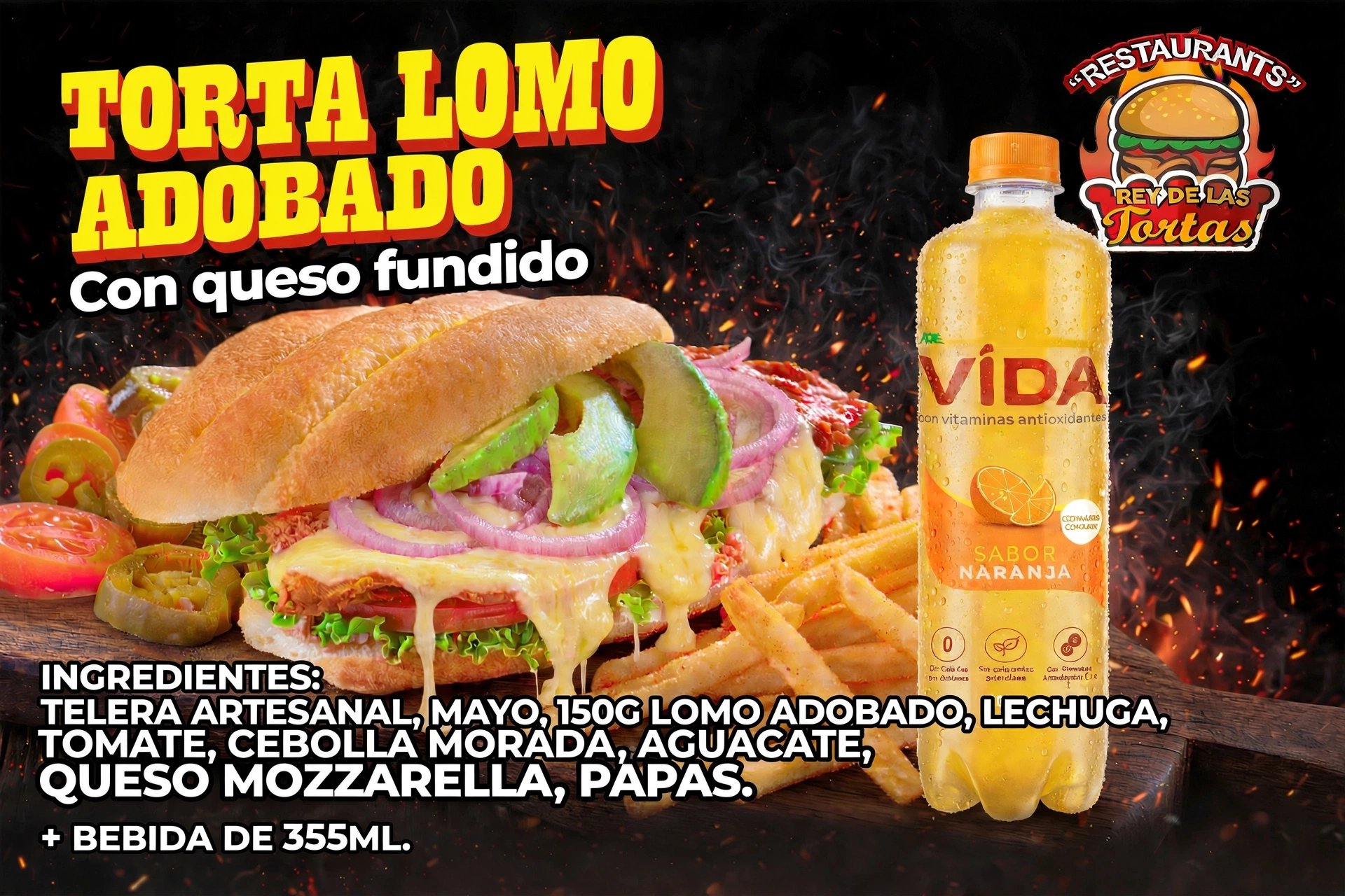 TORTA DE LOMO ADOBADO CON QUESO FUNDIDO COMBO 
