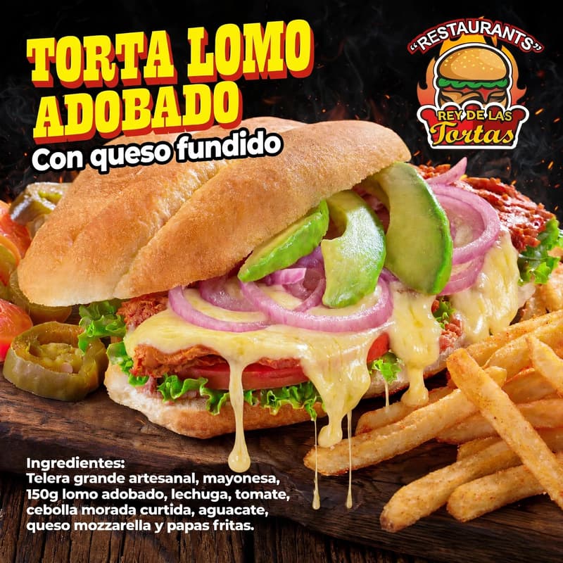 TORTA DE LOMO ADOBADO CON QUESO FUNDIDO CON PAPAS FRITAS 
