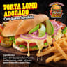 TORTA DE LOMO ADOBADO CON QUESO FUNDIDO CON PAPAS FRITAS