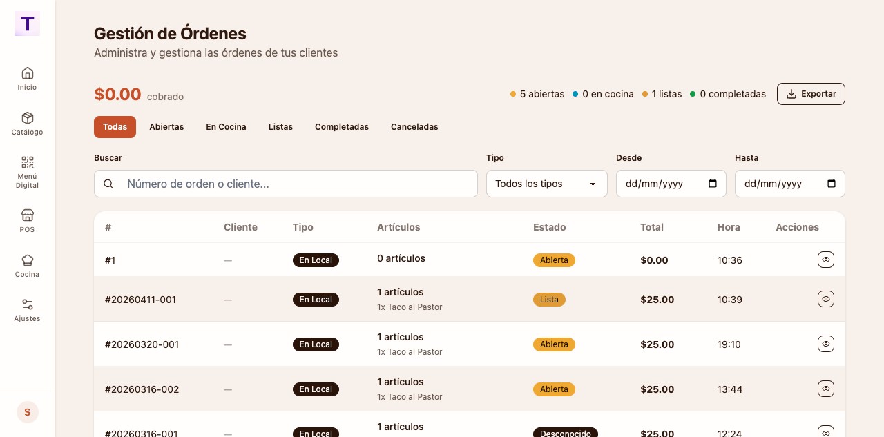 Órdenes abiertas y listas sin perder contexto