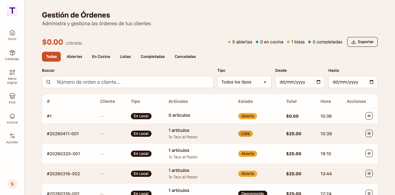 Sistema de pedidos para restaurante para capturar mejor y dejar claro qué sigue con cada orden