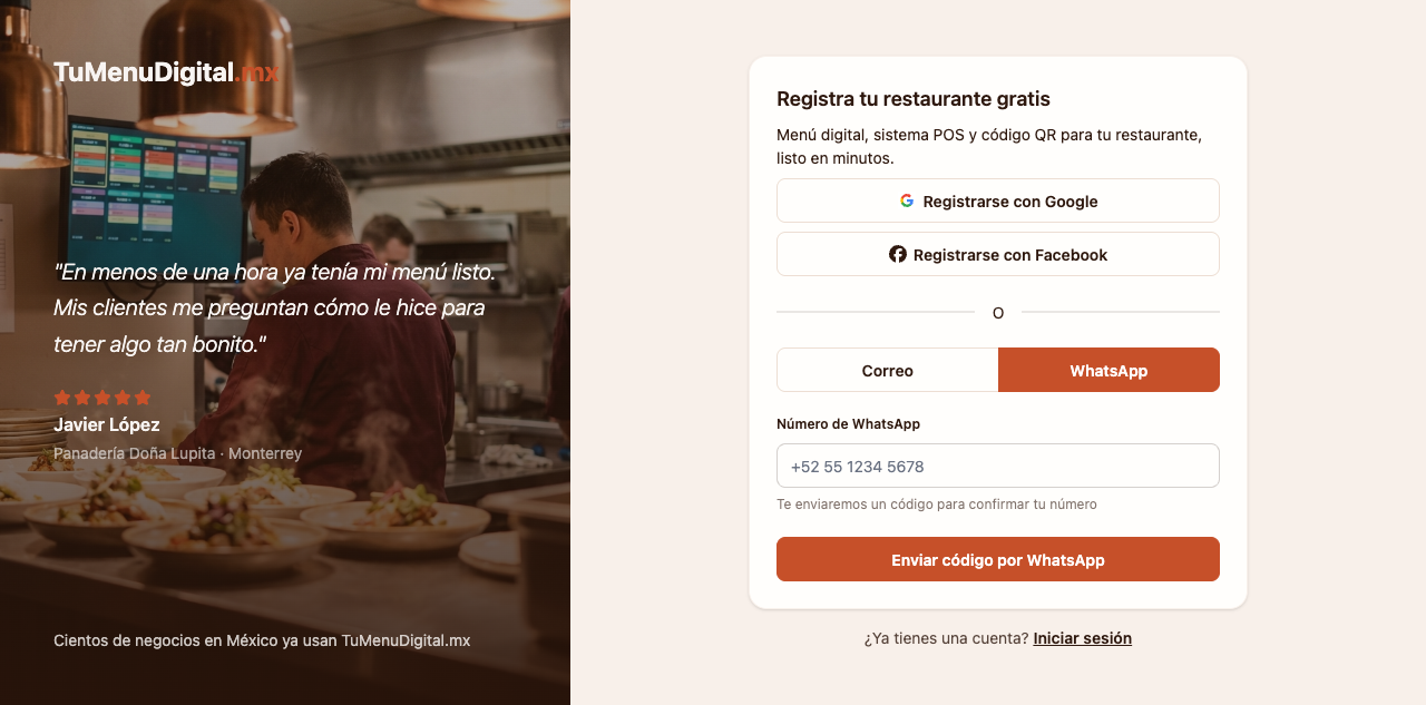 Registro por WhatsApp con campo de número y envío de código