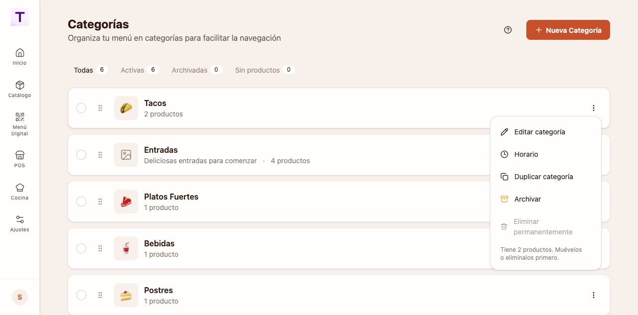 Cómo administrar categorías del menú