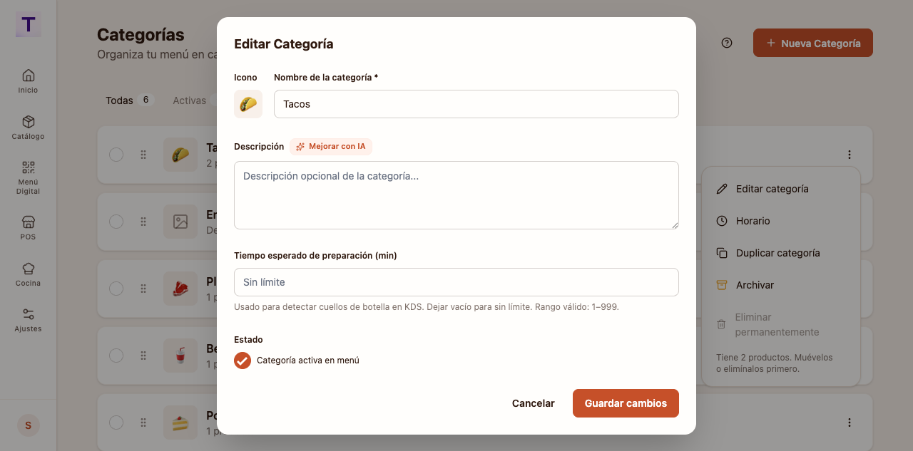 Modal para editar una categoría del menú