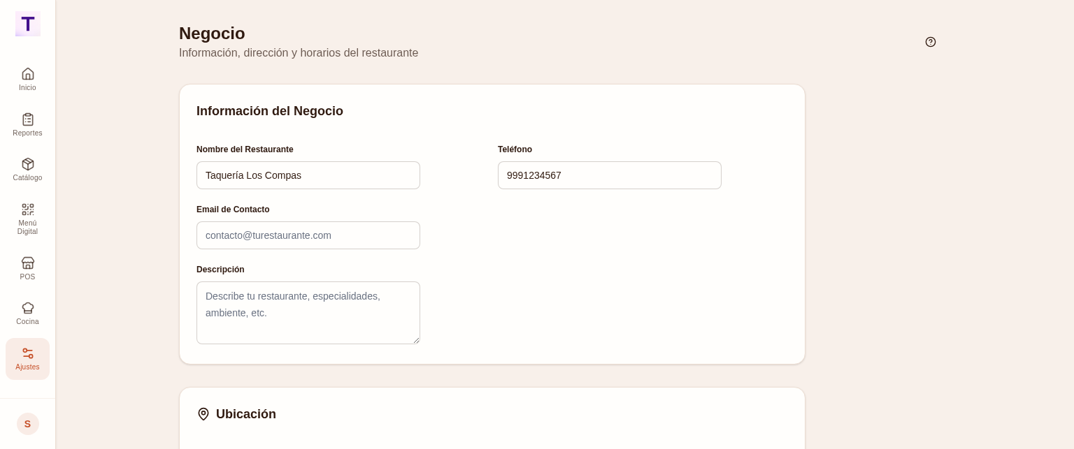 Pantalla de ajustes del negocio en TMD