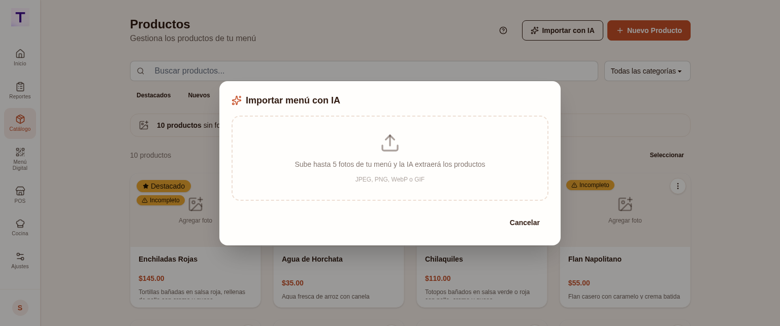 Modal para importar menú con IA en TMD