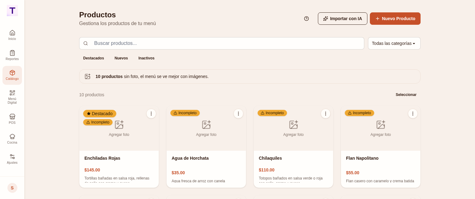 Pantalla de productos con botón Importar con IA en TMD