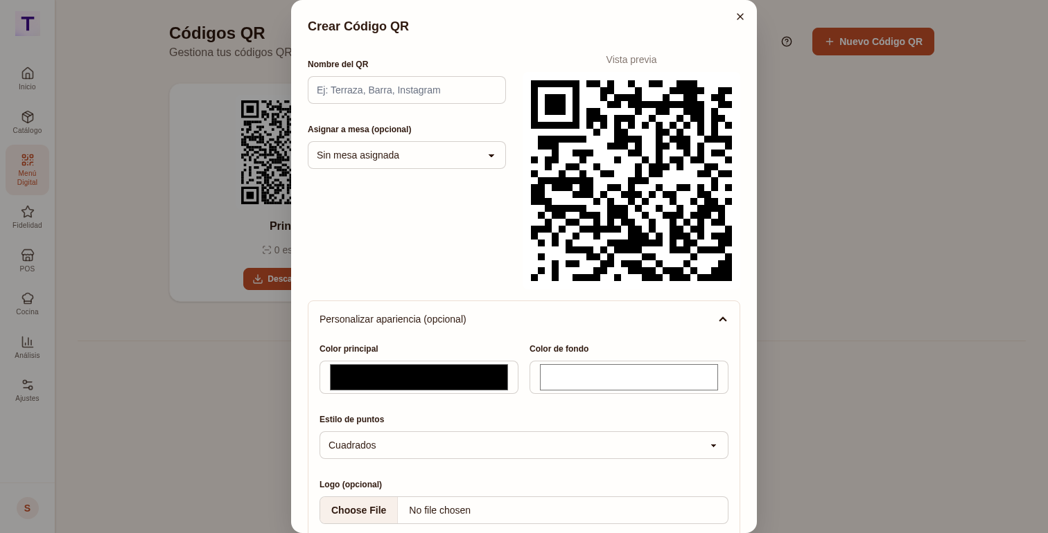 Modal para crear un código QR en TMD