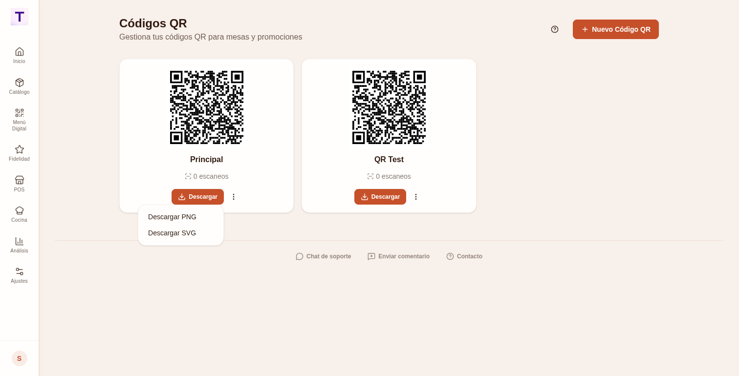 Opciones para descargar el QR en PNG o SVG