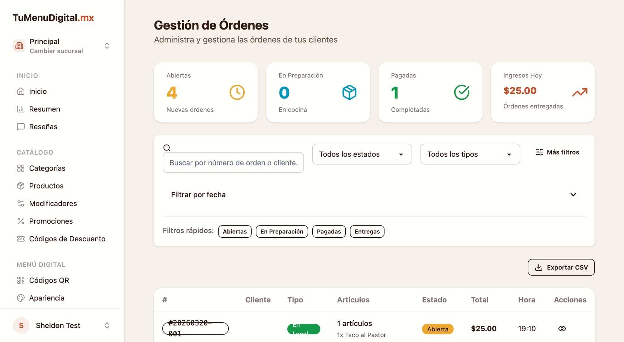Gestión de órdenes en TuMenuDigital