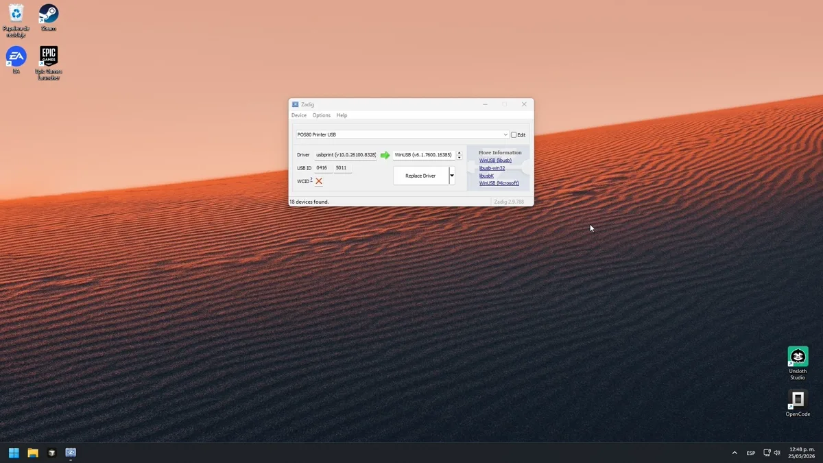 Paso 8 y 9 - WinUSB y Replace Driver