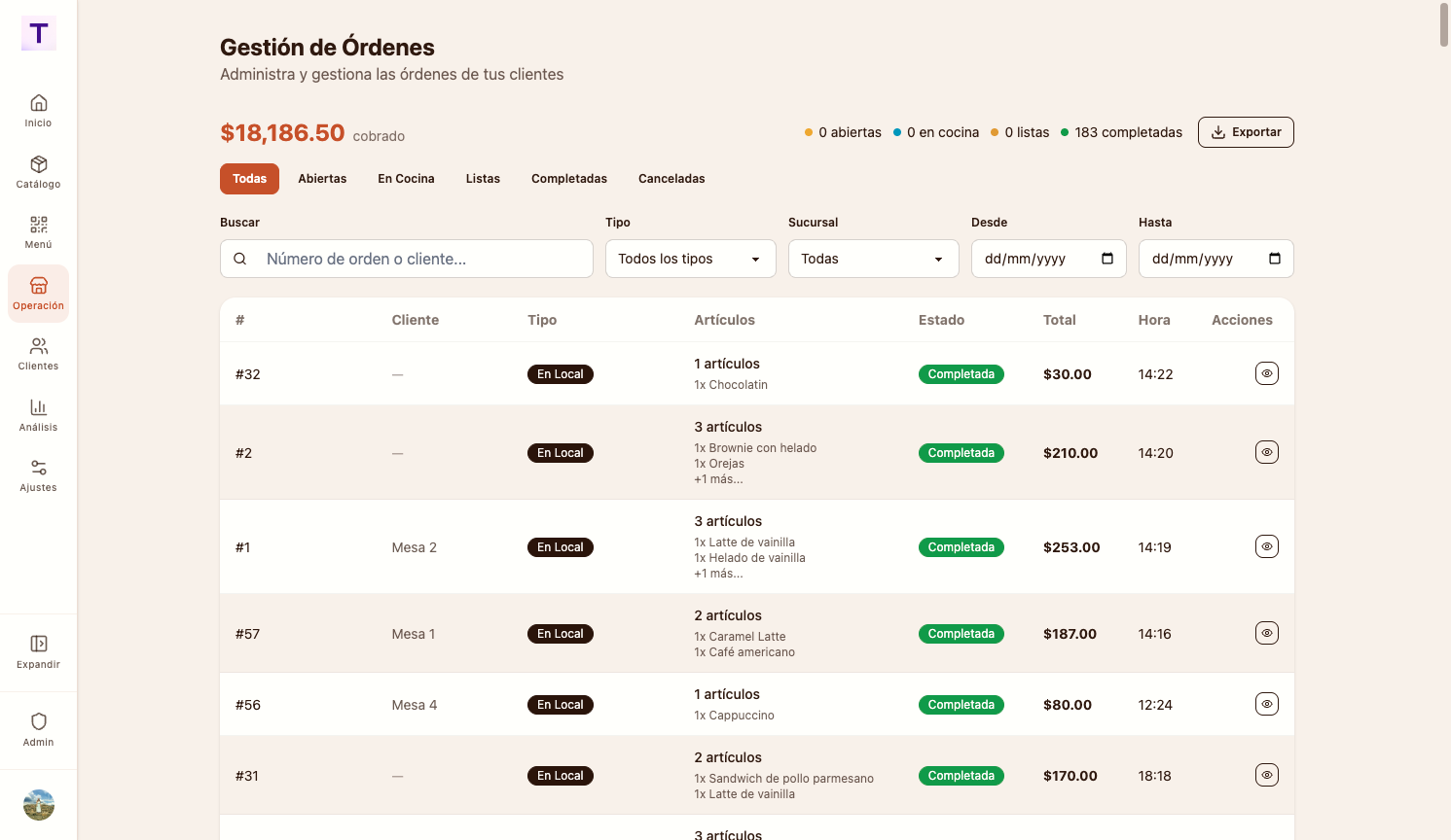 Sistema de pedidos para restaurante para tomar, seguir y cerrar órdenes sin perder contexto