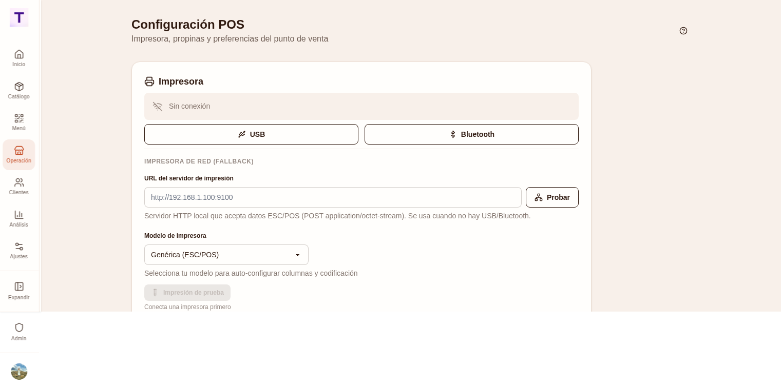 Configuración POS - sección de impresora