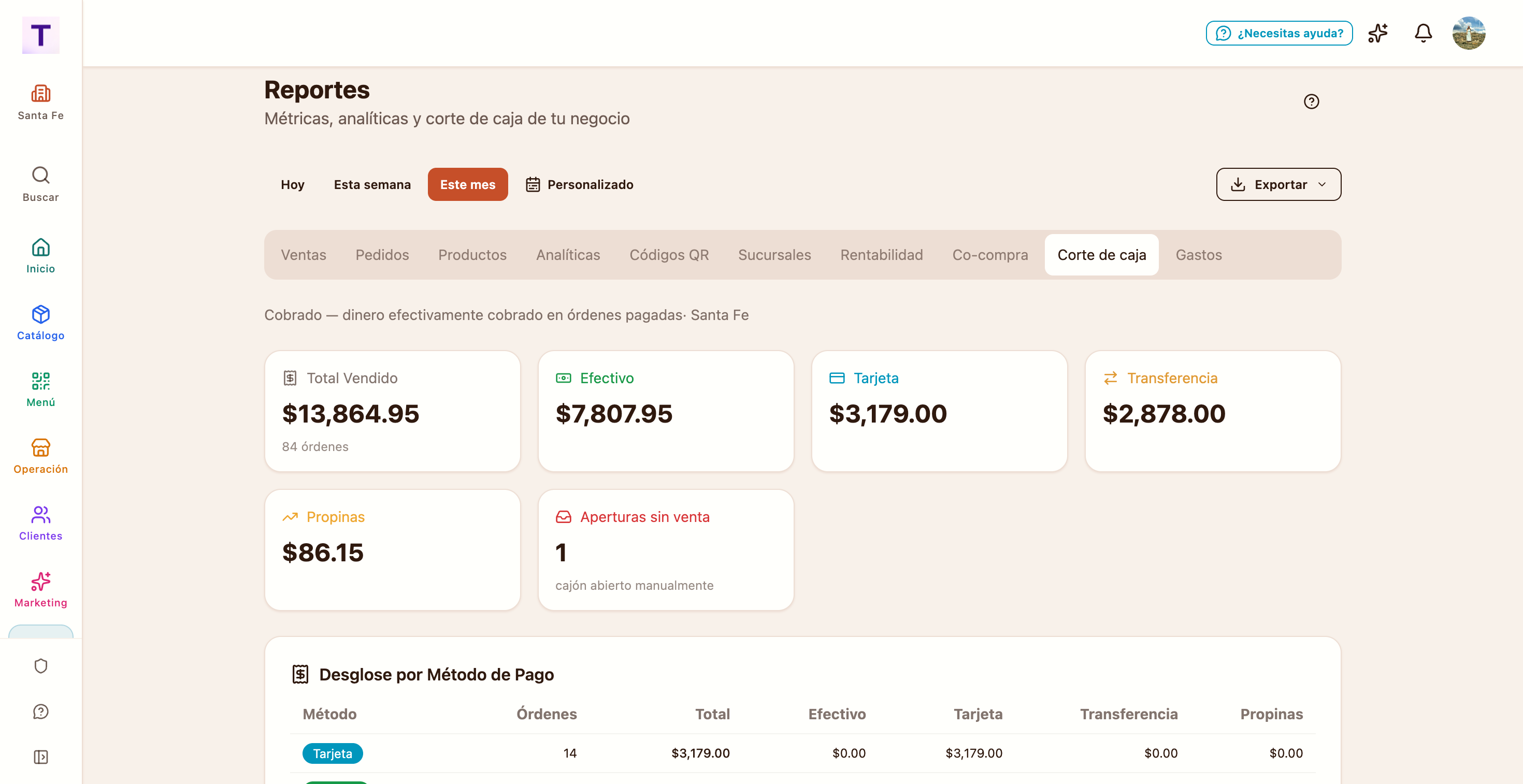 Corte de caja con desglose por forma de pago