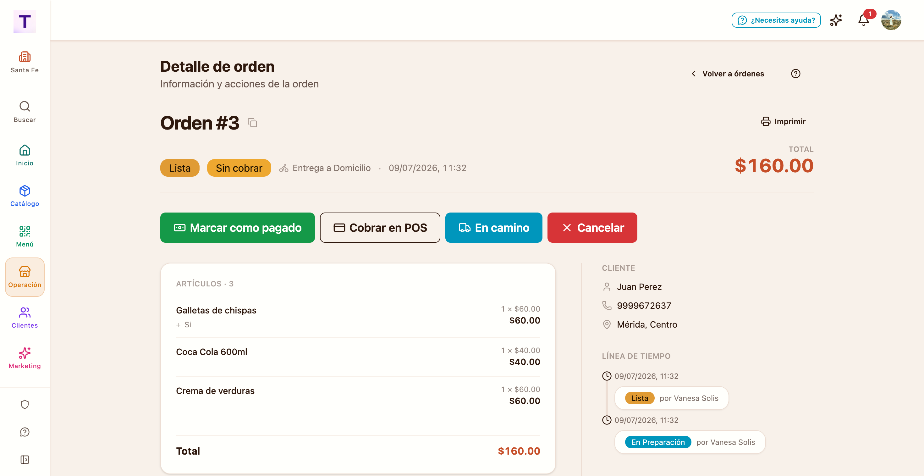 Pedido a domicilio en camino en el panel de pedidos