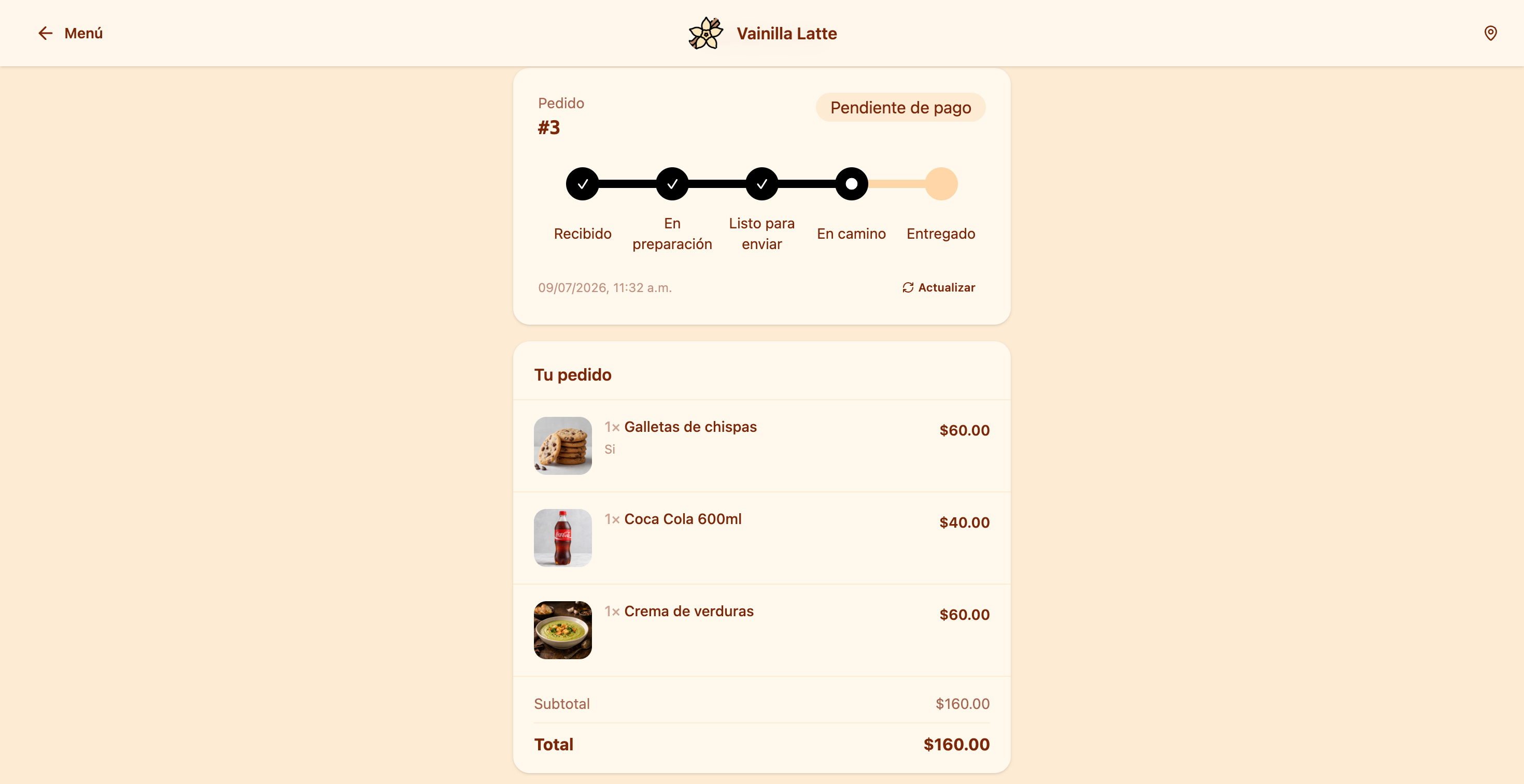 Estado en camino visible para el cliente