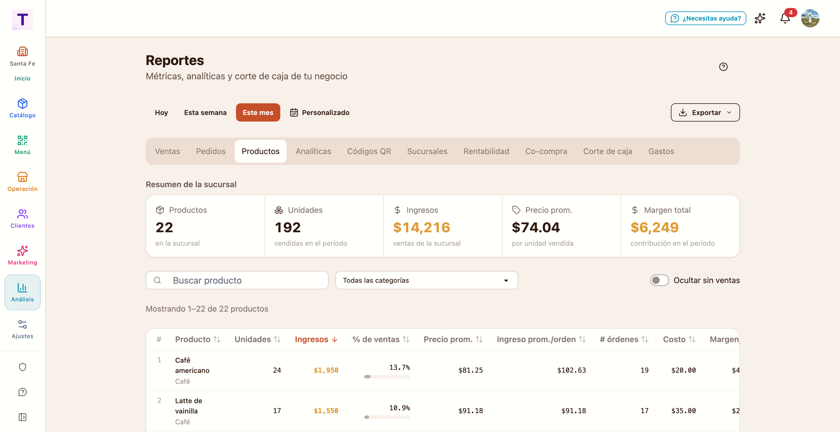 Reporte de productos