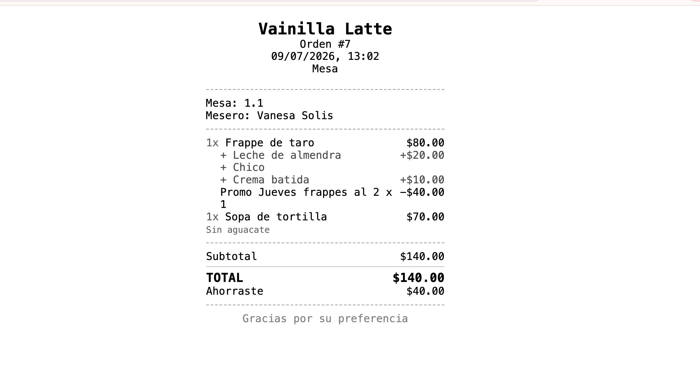 El total del ticket refleja solo el consumo, sin la propina