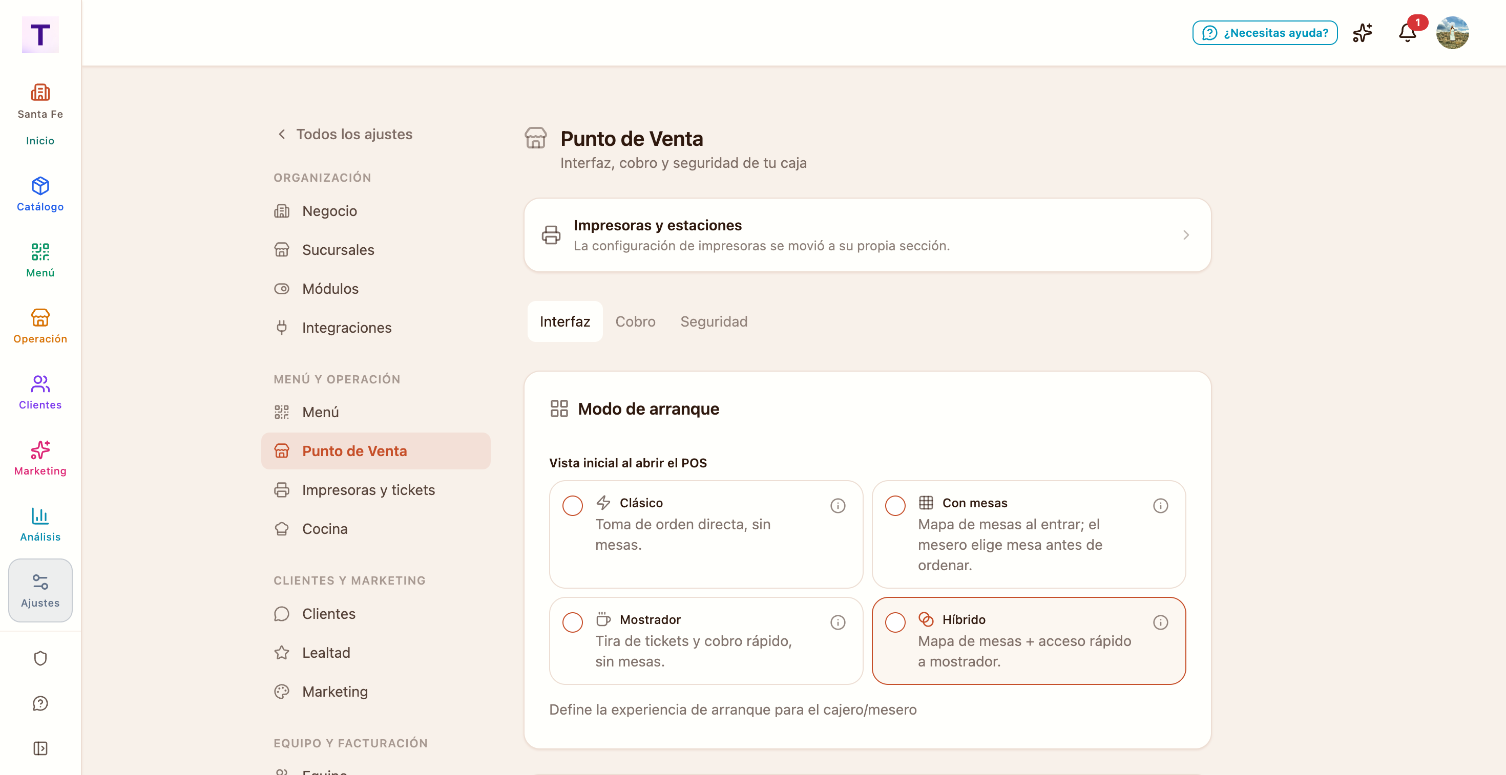 Configuración del punto de venta y sucursales en un solo lugar