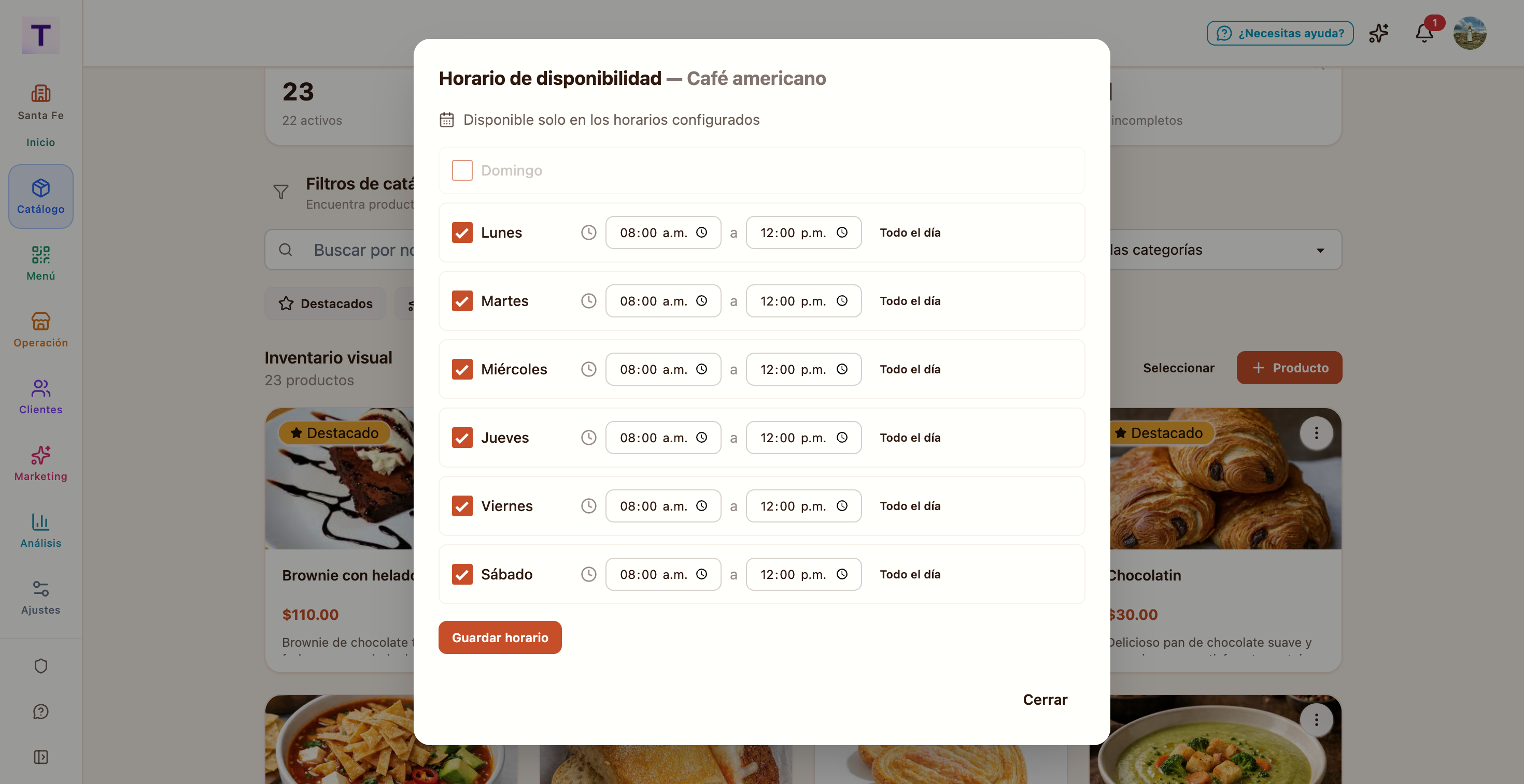 Horario de disponibilidad por platillo