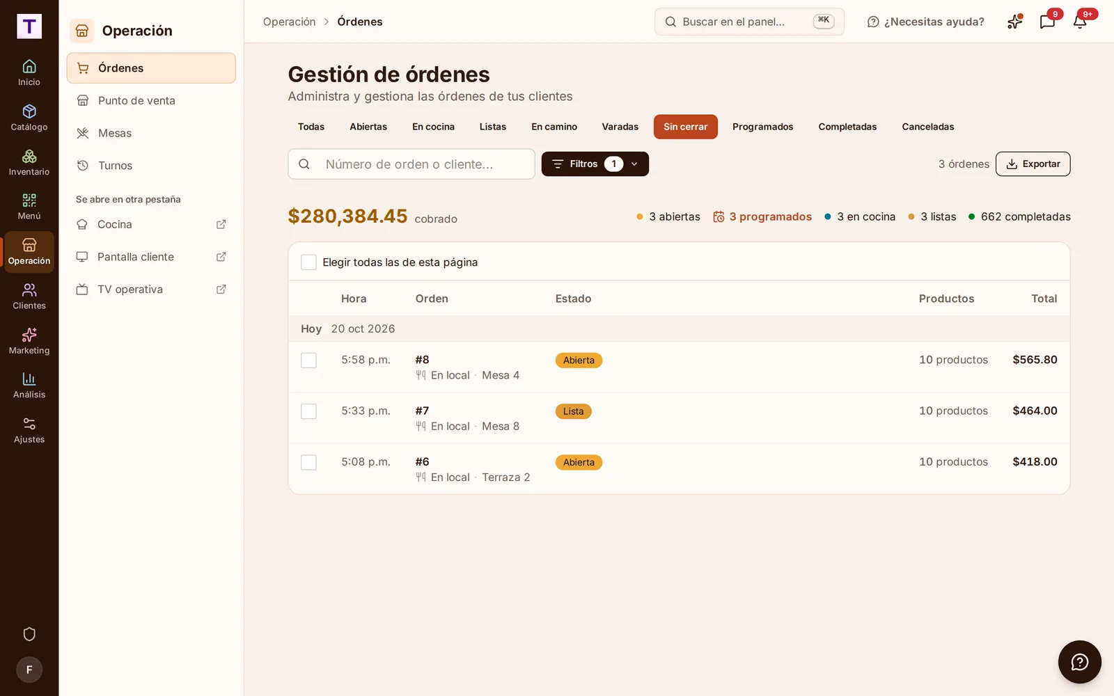 Órdenes con el filtro Sin cerrar: tres cuentas de hoy, abiertas o listas desde hace más de 2 horas, cada una con su casilla para seleccionarla