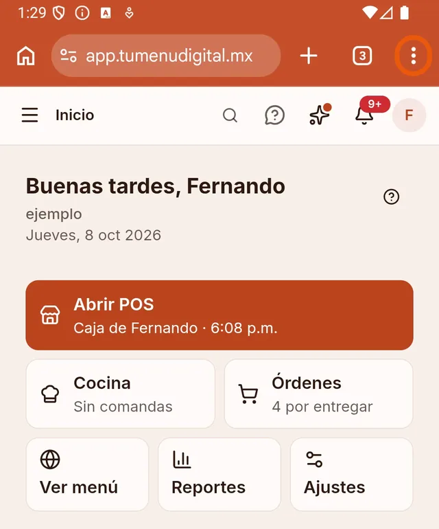 Panel de TuMenuDigital en Chrome con el menú ⋮ marcado