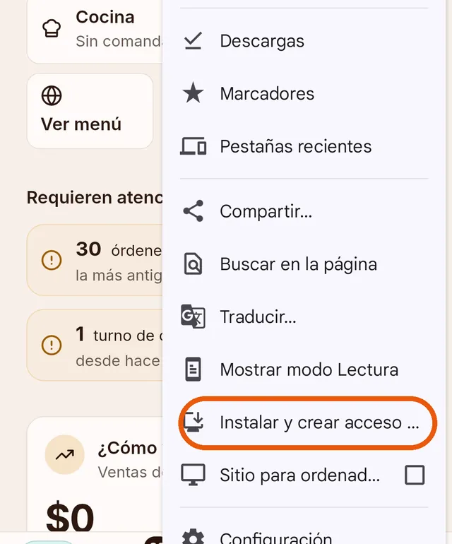 Menú de Chrome con Instalar y crear acceso directo marcado