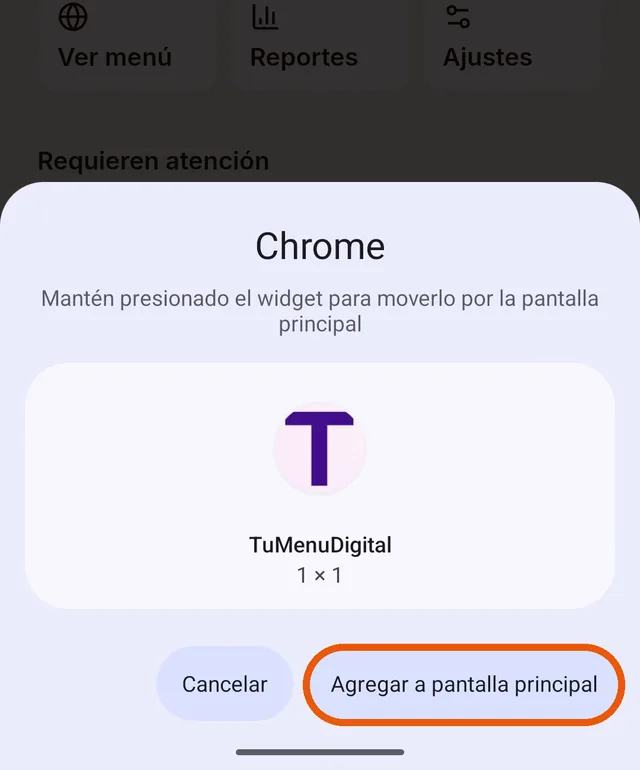 Hoja de Chrome con el botón Agregar a pantalla principal marcado