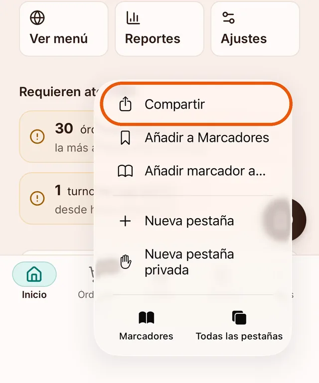 Menú de Safari con la opción Compartir marcada