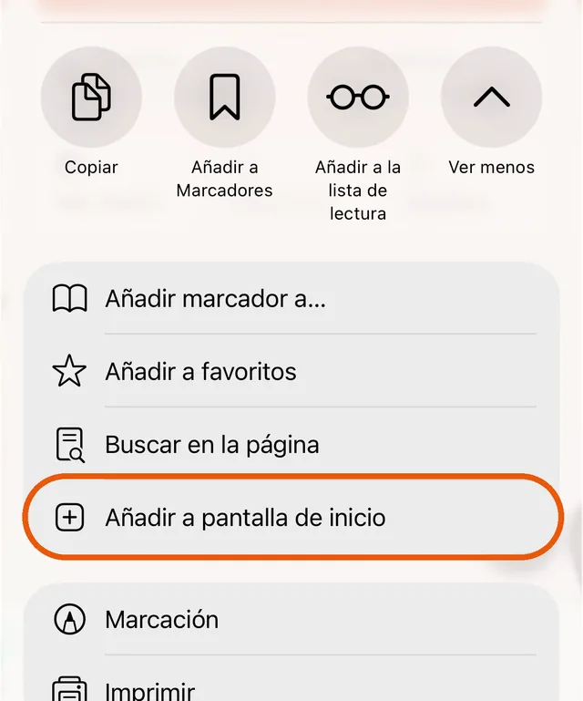 Lista de opciones de Compartir con Añadir a pantalla de inicio marcado
