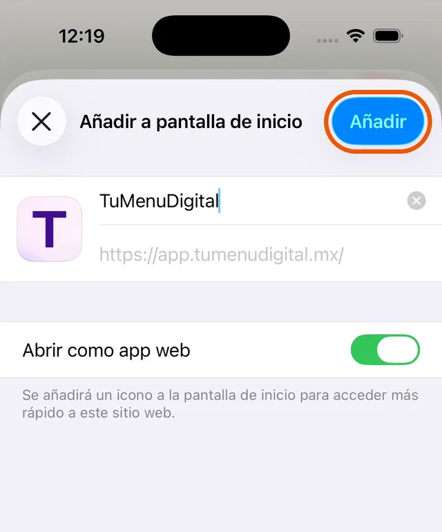 Pantalla Añadir a pantalla de inicio con el botón Añadir marcado